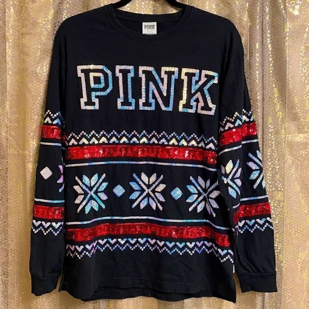 Victoria’s Secret PINK holiday sequin bling long sleeve campus shirt, size S